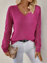 Fiona | Women's V Neck Openwork Long Sleeve Sweater