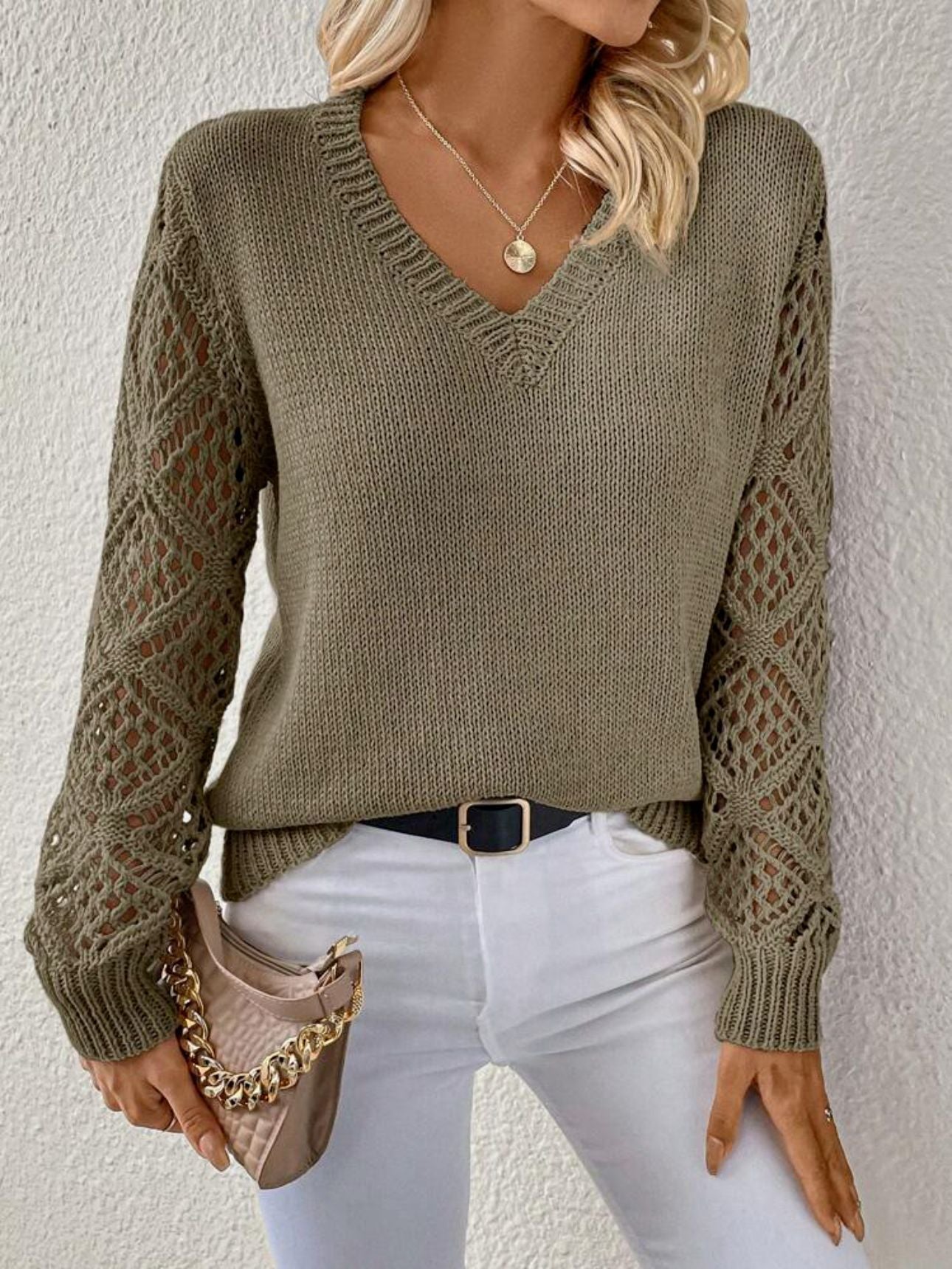 Fiona | Women's V Neck Openwork Long Sleeve Sweater