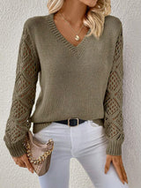 Fiona | Women's V Neck Openwork Long Sleeve Sweater