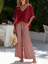 Francine | Women's Striped V-Neck Top Wide Leg Pants Set