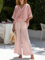 Francine | Women's Striped V-Neck Top Wide Leg Pants Set