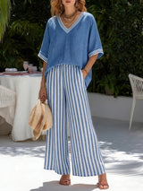 Francine | Women's Striped V-Neck Top Wide Leg Pants Set