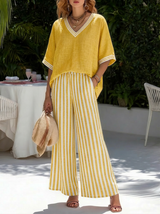 Francine | Women's Striped V-Neck Top Wide Leg Pants Set