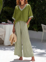 Francine | Women's Striped V-Neck Top Wide Leg Pants Set