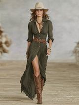 Crissa | Long Belted Dress With Pleated Lapels