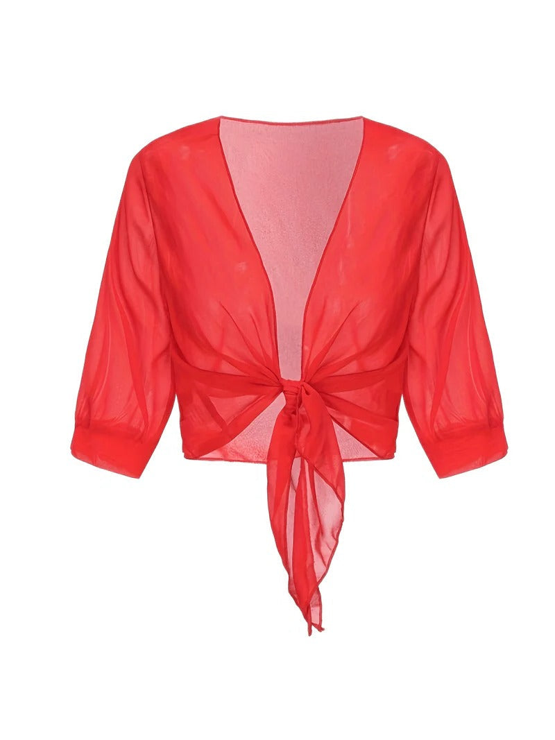 Dahlia | Women's Sheer Chiffon Tie Front Crop Cardigan Top