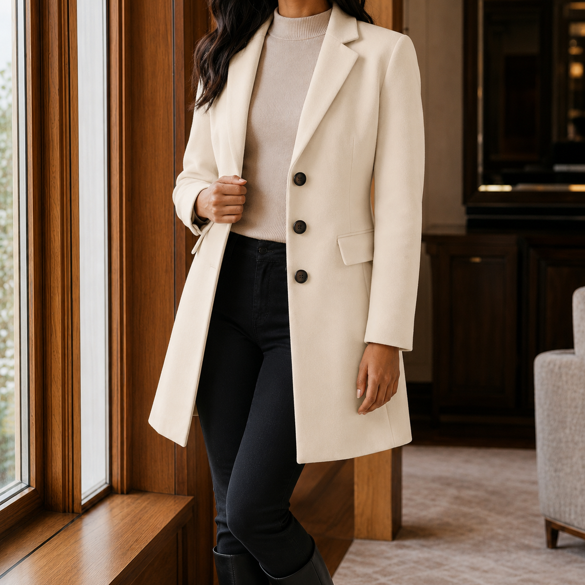 Women’s Wool-Blend Fitted Three-Button Coat in Creamy White