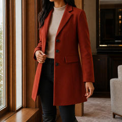 Women’s Wool-Blend Fitted Three-Button Coat in Brick Red