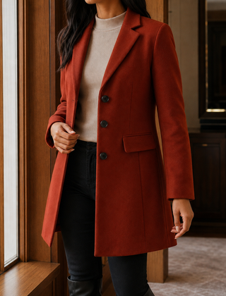 Women’s Wool-Blend Fitted Three-Button Coat in Brick Red
