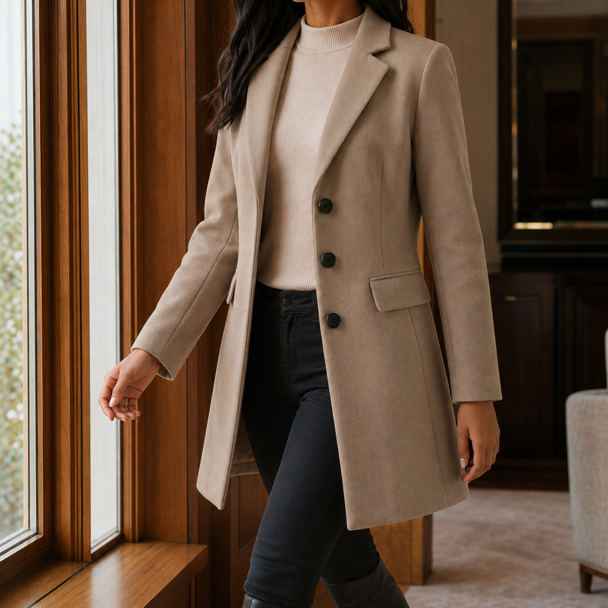 Women’s Wool-Blend Fitted Three-Button Coat in Dark Beige