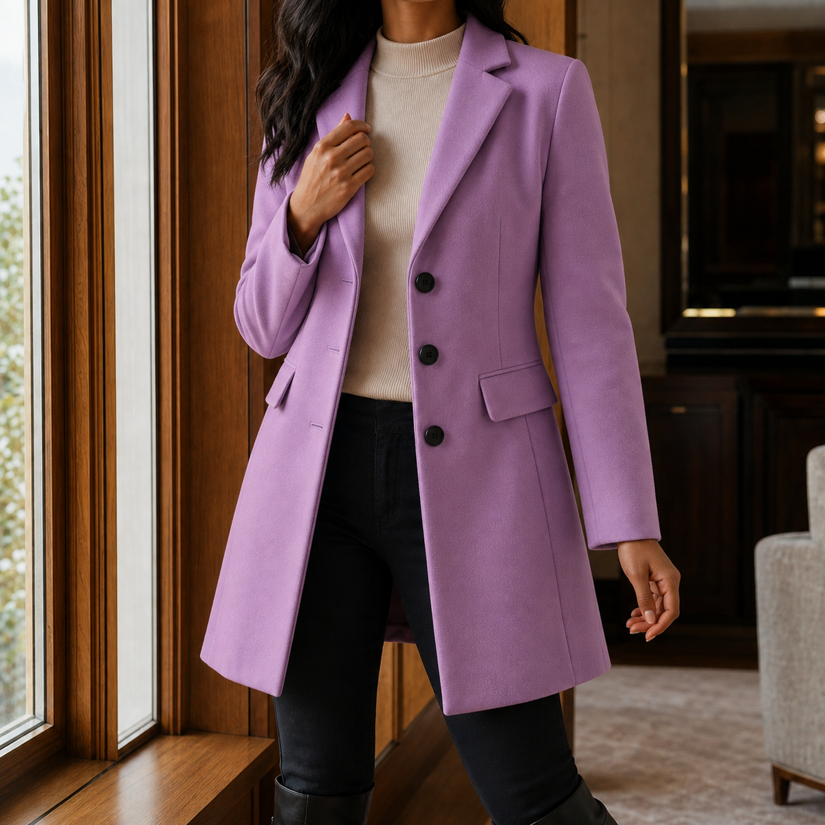 Women’s Wool-Blend Fitted Three-Button Coat in Light Purple