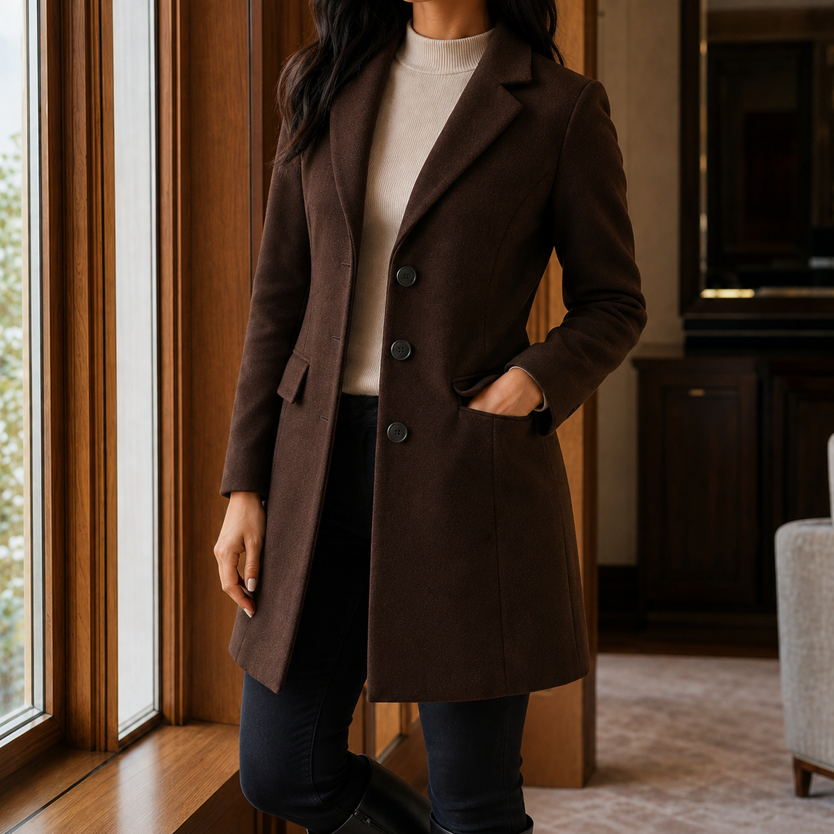 Women’s Wool-Blend Fitted Three-Button Coat in Dark Brown
