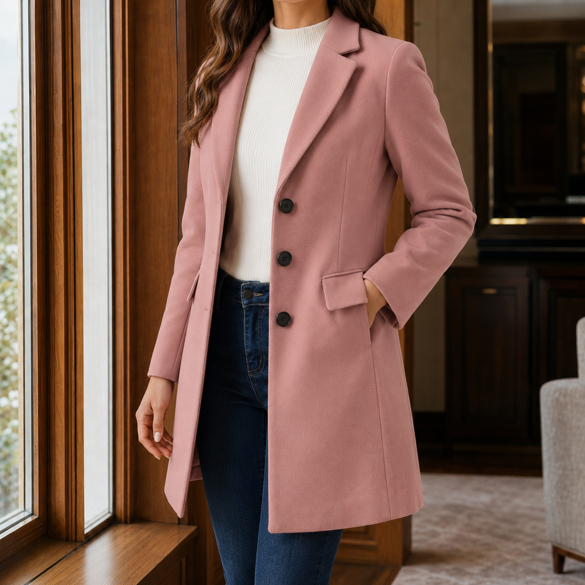 Women’s Wool-Blend Fitted Three-Button Coat in Pink