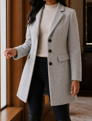 Women’s Wool-Blend Fitted Three-Button Coat in Light Gray