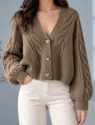 Morwenna-Skye Cable Women's Cardigan - Khaki