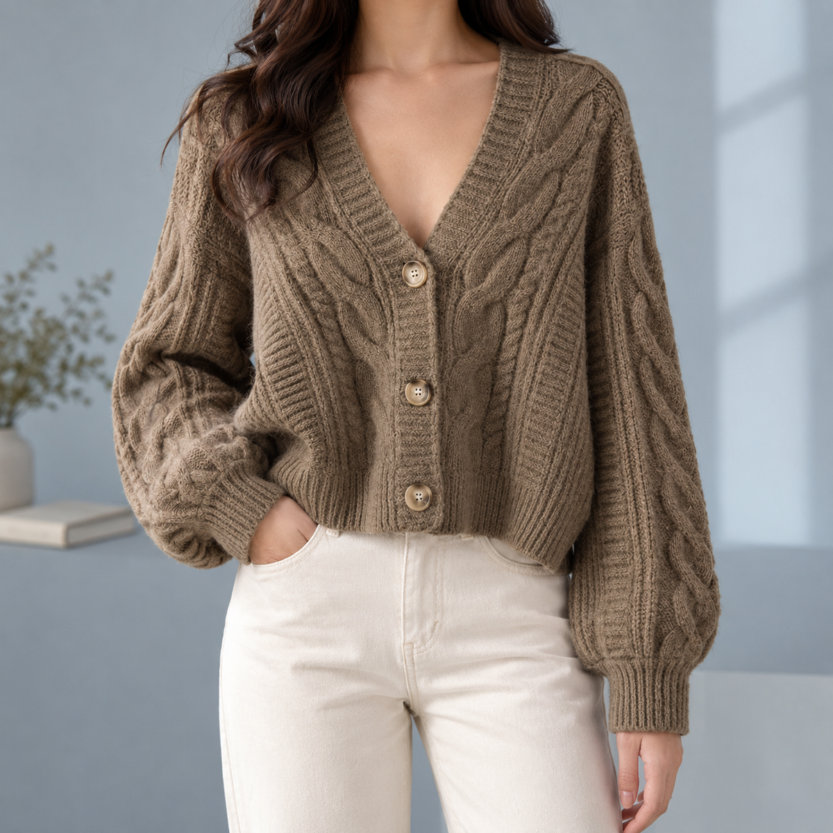 Morwenna-Skye Cable Women's Cardigan - Khaki