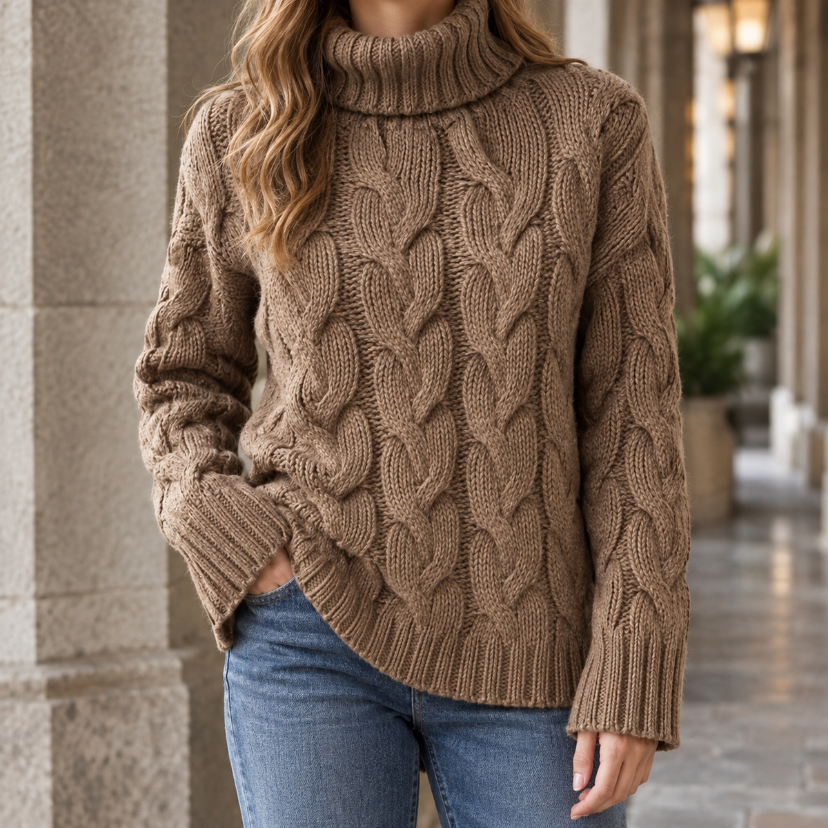 Hildegarde-Kate Cable Knit Women's Sweater - Dark Brown