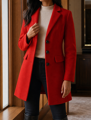 Women’s Wool-Blend Fitted Three-Button Coat in Red