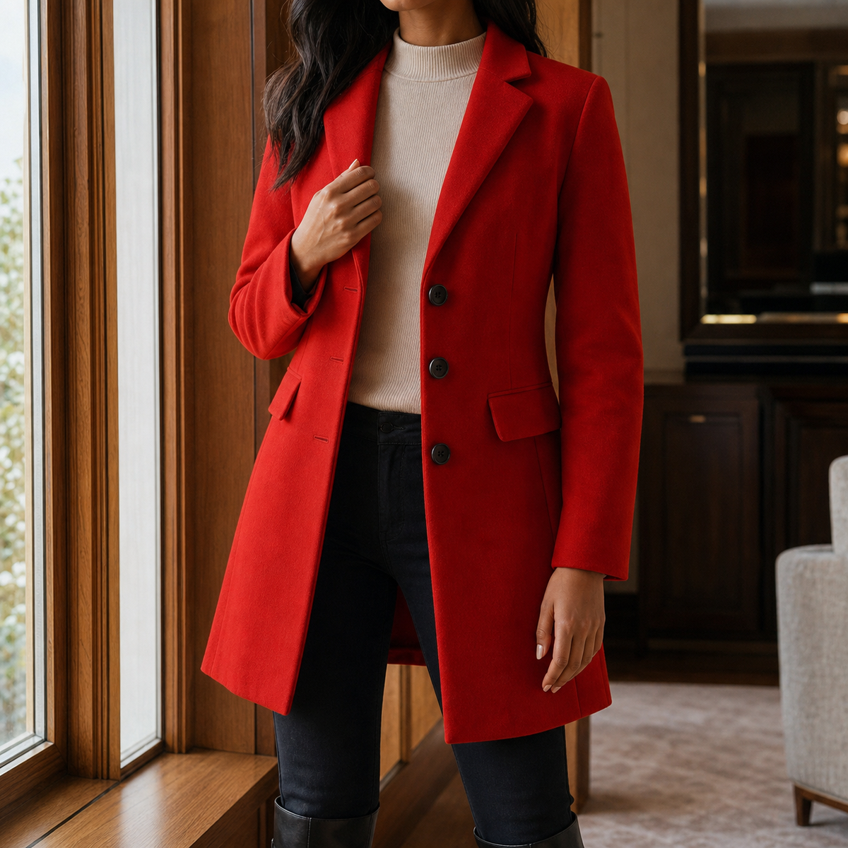 Women’s Wool-Blend Fitted Three-Button Coat in Red
