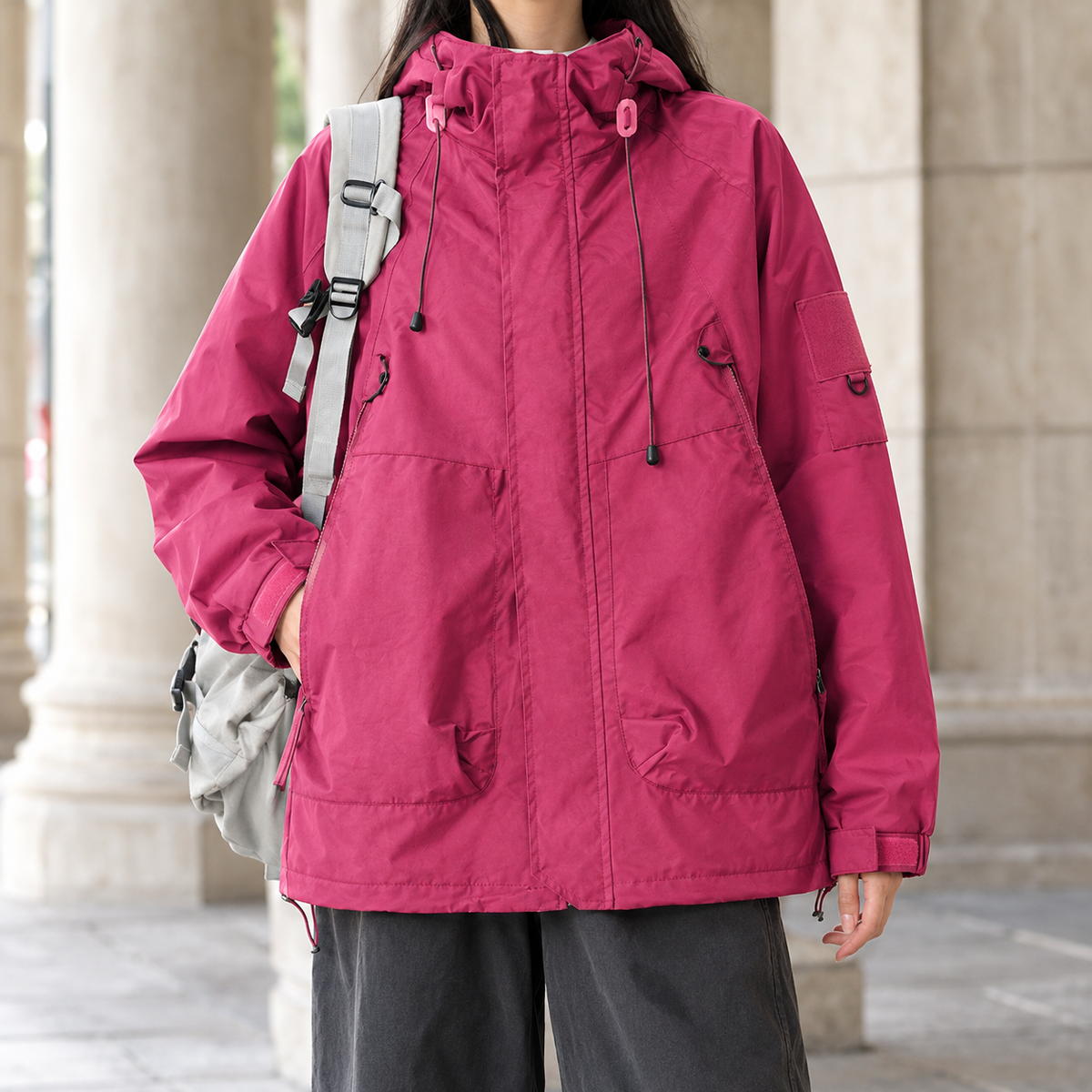 Women’s Cotton-Blend Hooded Four-Pocket Jacket in Strawberry Red