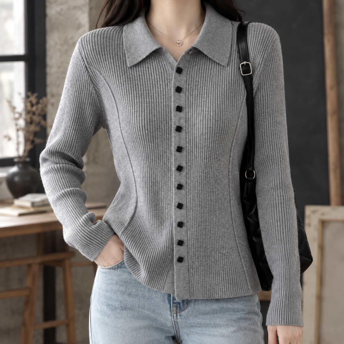 Fiona-Grace Ribbed Women's Cardigan - Gray