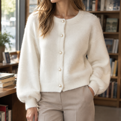 Women’s Pearl-Effect Button Knit Cardigan in Milky White