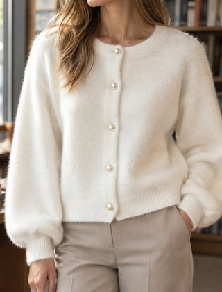 Women’s Pearl-Effect Button Knit Cardigan in Milky White