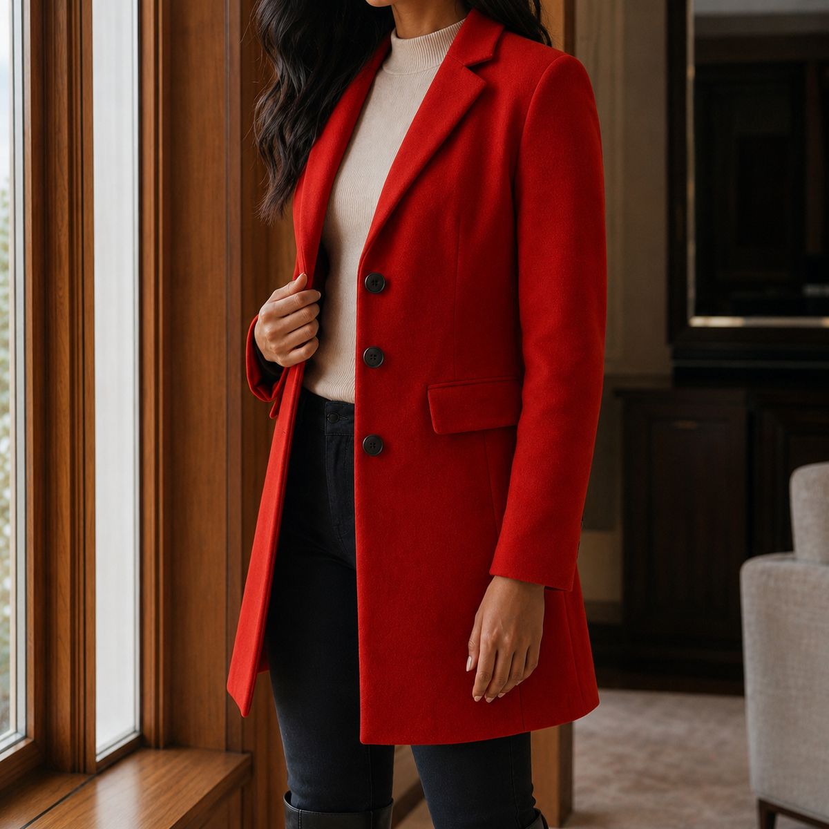 Women’s Wool-Blend Fitted Three-Button Coat