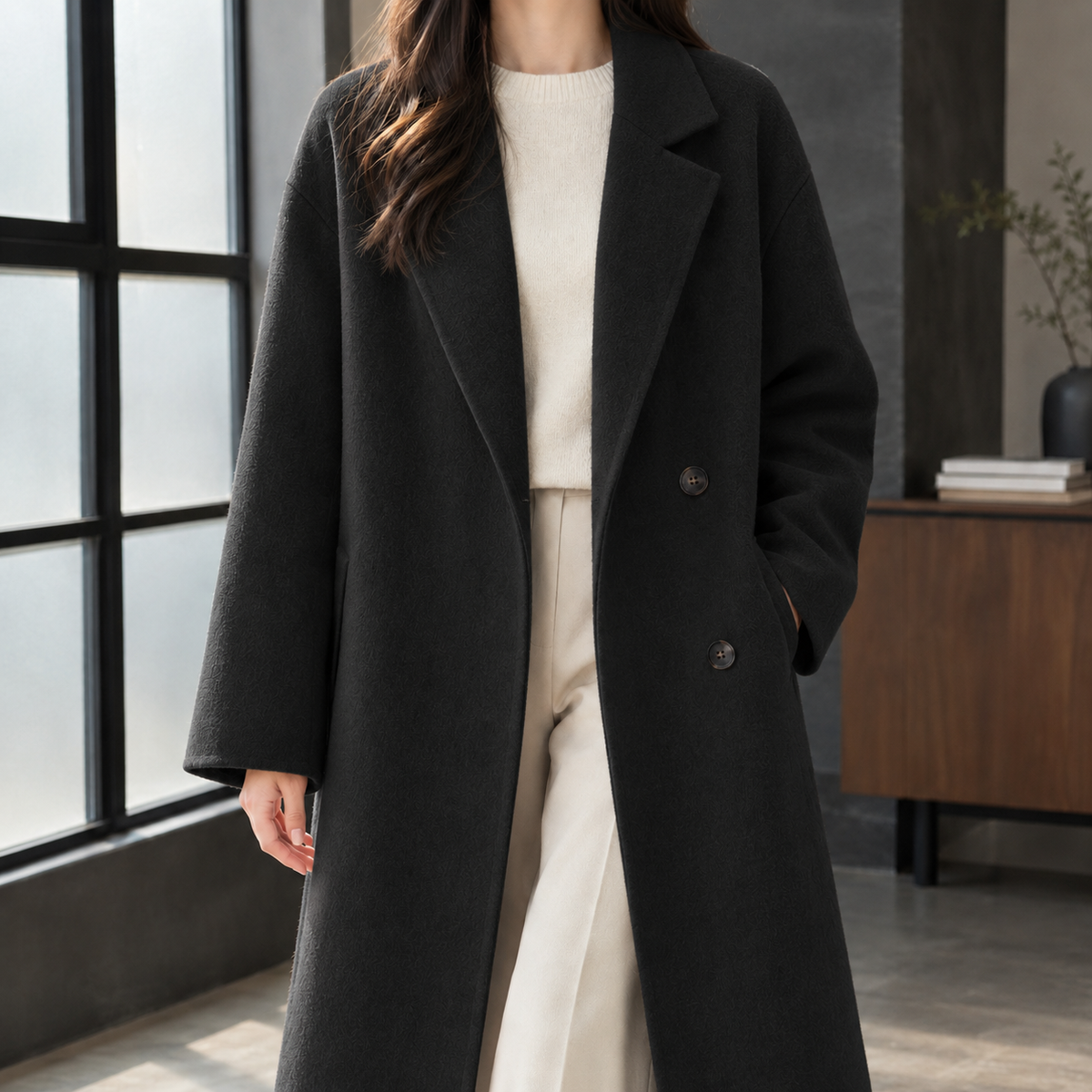 Delia-Grace Double Breasted Women's Coat - Black