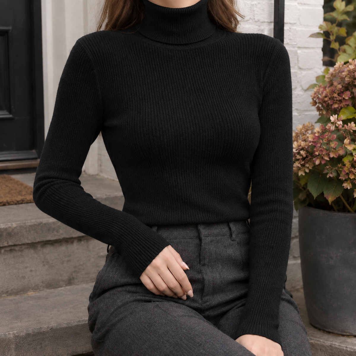 Women's Adeline-Jade Ribbed Turtleneck Sweater - Black