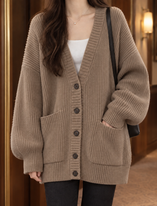Ines-Faye Ribbed Women's Cardigan - Khaki