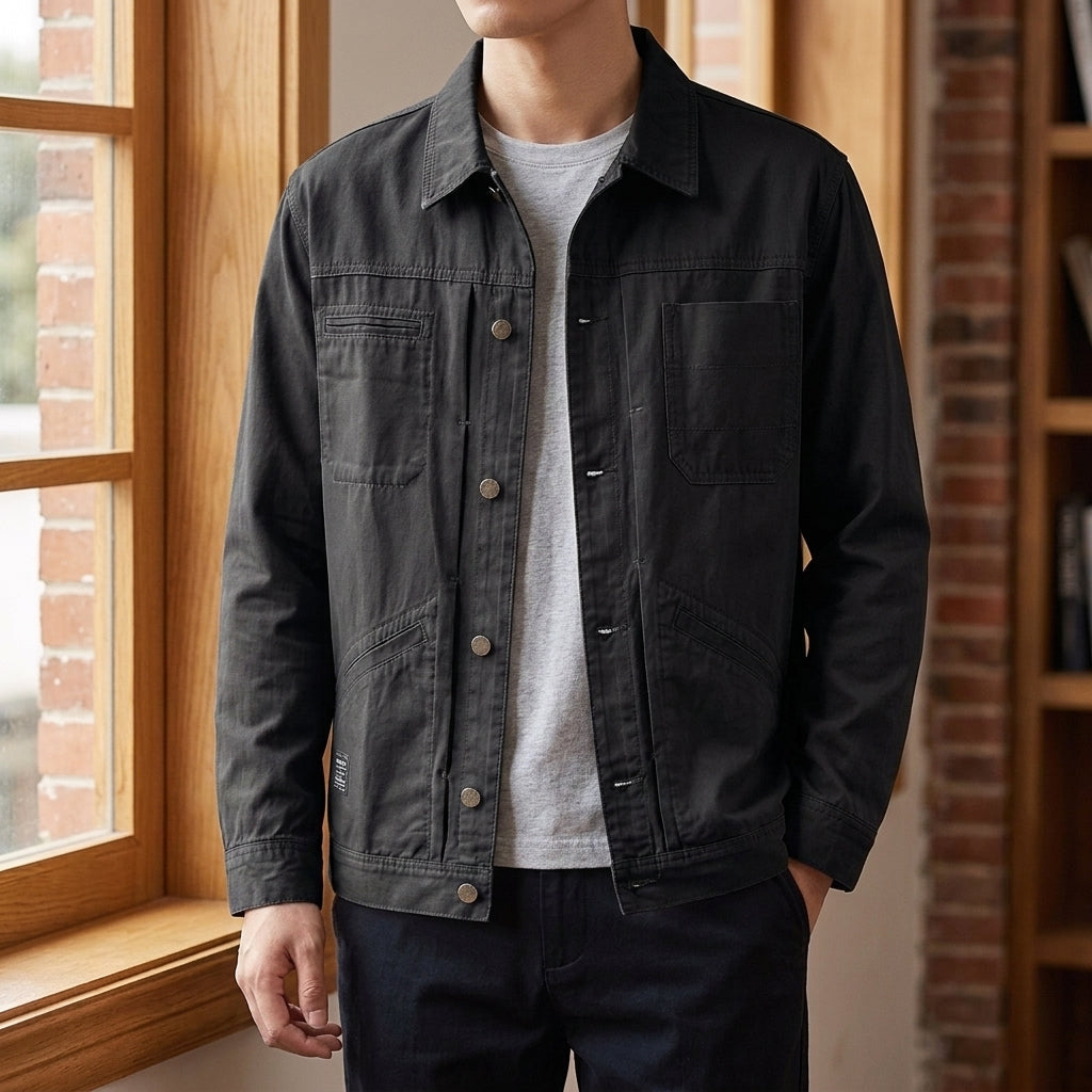 Men’s Four-Pocket Denim Utility Jacket in Black