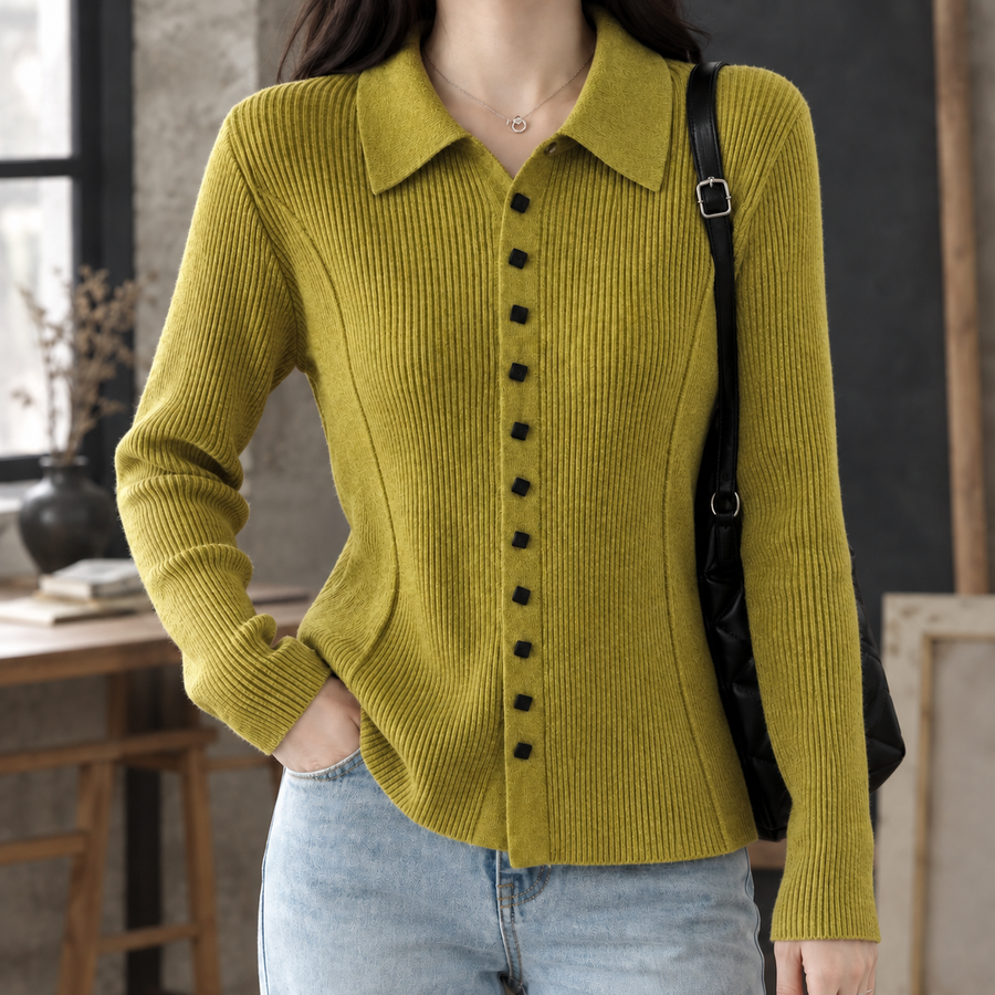 Fiona-Grace Ribbed Women's Cardigan - Yellow