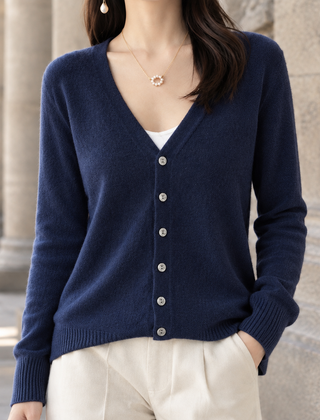 Women’s Five-Button V-Neck Knit Cardigan in Navy Blue