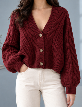 Morwenna-Skye Cable Women's Cardigan - Red