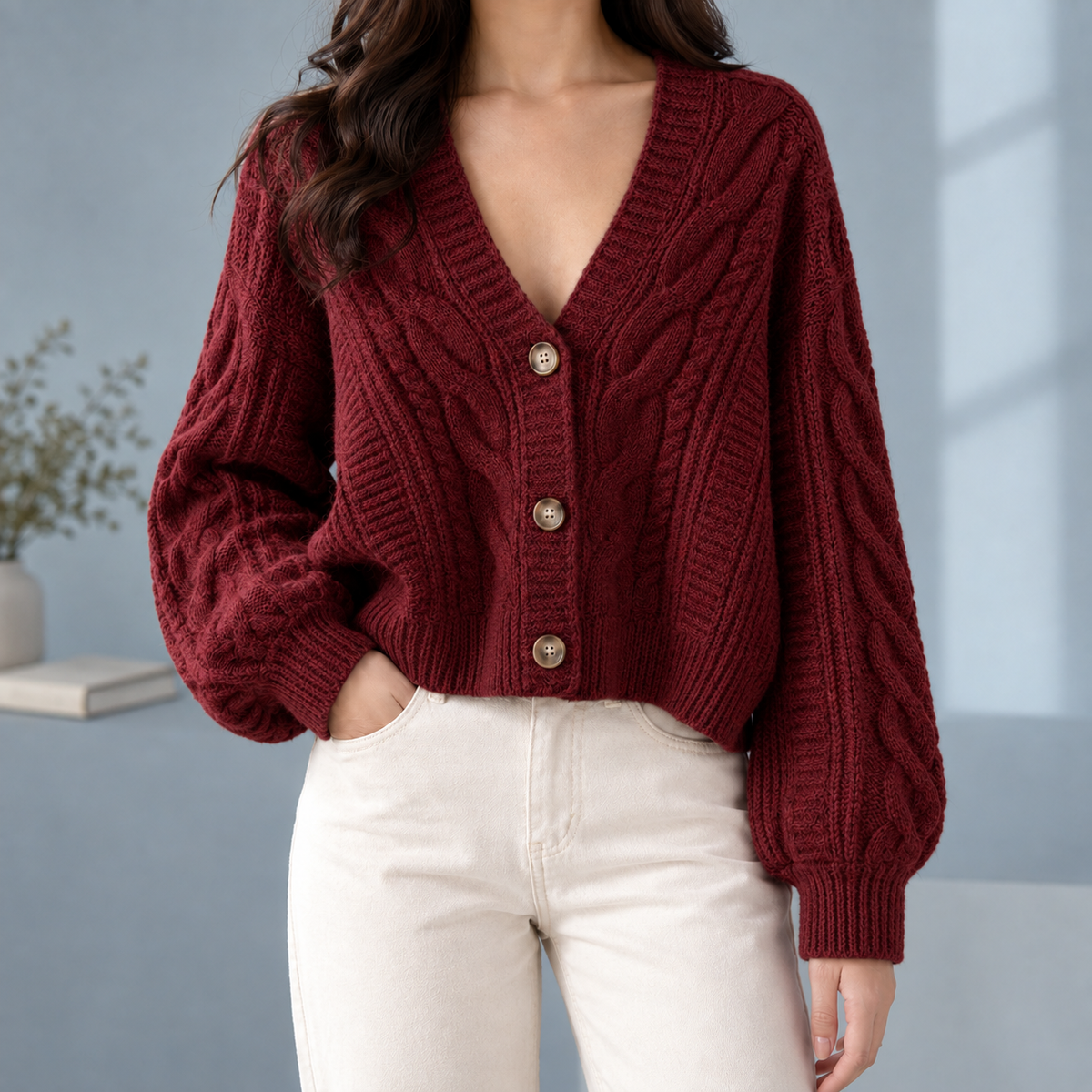 Morwenna-Skye Cable Women's Cardigan - Red