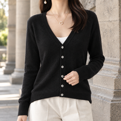 Women’s Five-Button V-Neck Knit Cardigan in Black