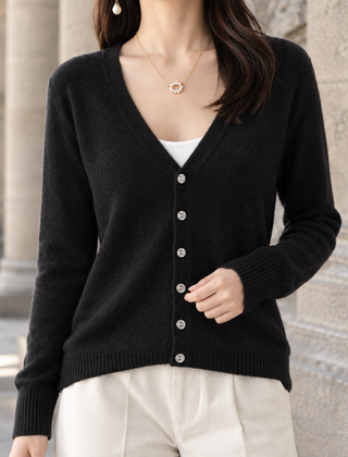 Women’s Five-Button V-Neck Knit Cardigan in Black