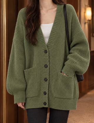 Ines-Faye Ribbed Women's Cardigan - Military Green