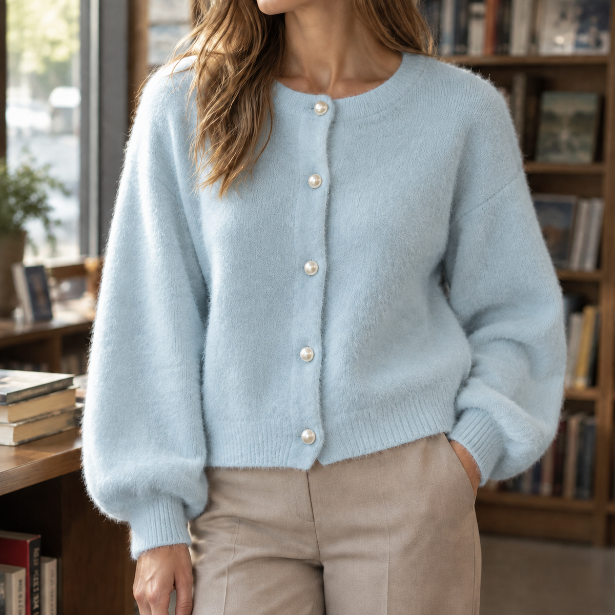 Women’s Pearl-Effect Button Knit Cardigan in Light Blue