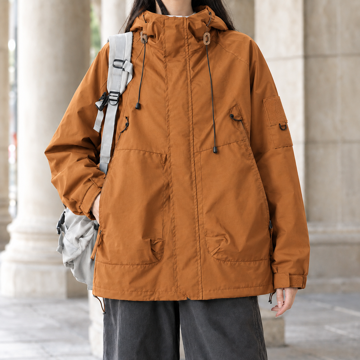 Women’s Cotton-Blend Hooded Four-Pocket Jacket in Burnt Orange