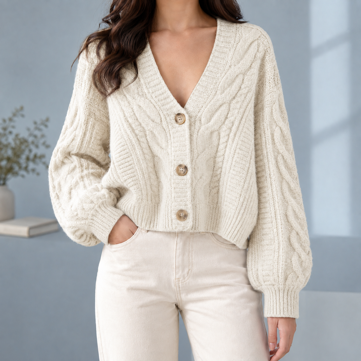 Morwenna-Skye Cable Women's Cardigan - Off-white