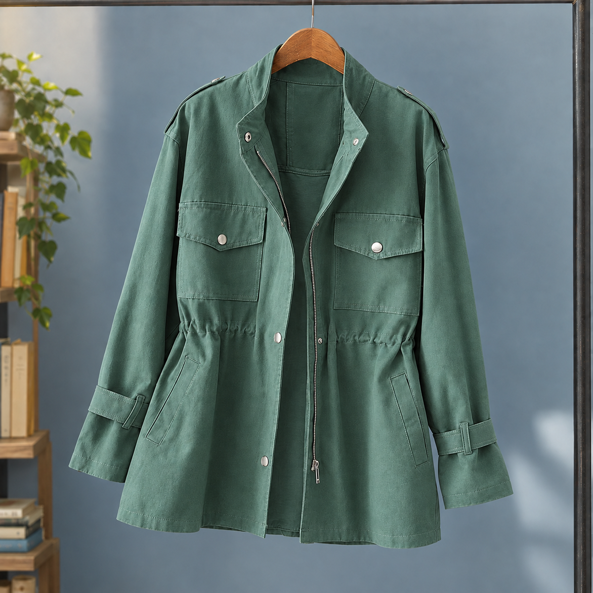 Women’s Drawstring-Waist Four-Pocket Utility Jacket in Green