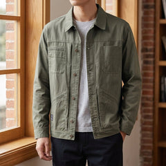Men’s Four-Pocket Denim Utility Jacket in Army Green