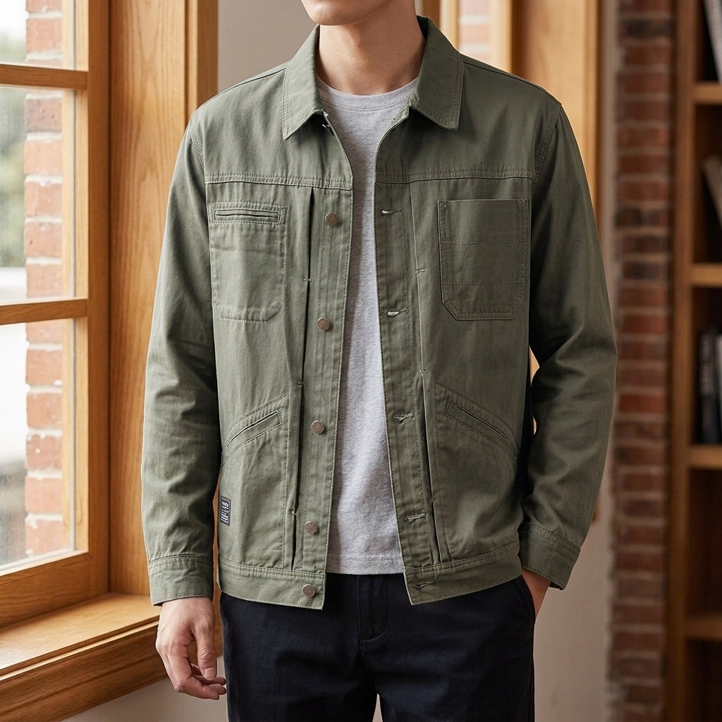 Men’s Four-Pocket Denim Utility Jacket in Army Green