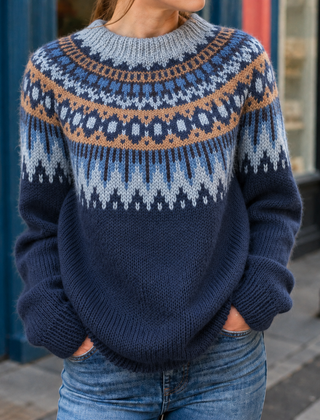 Women’s Fair Isle Yoke Knit Sweater in Navy Blue