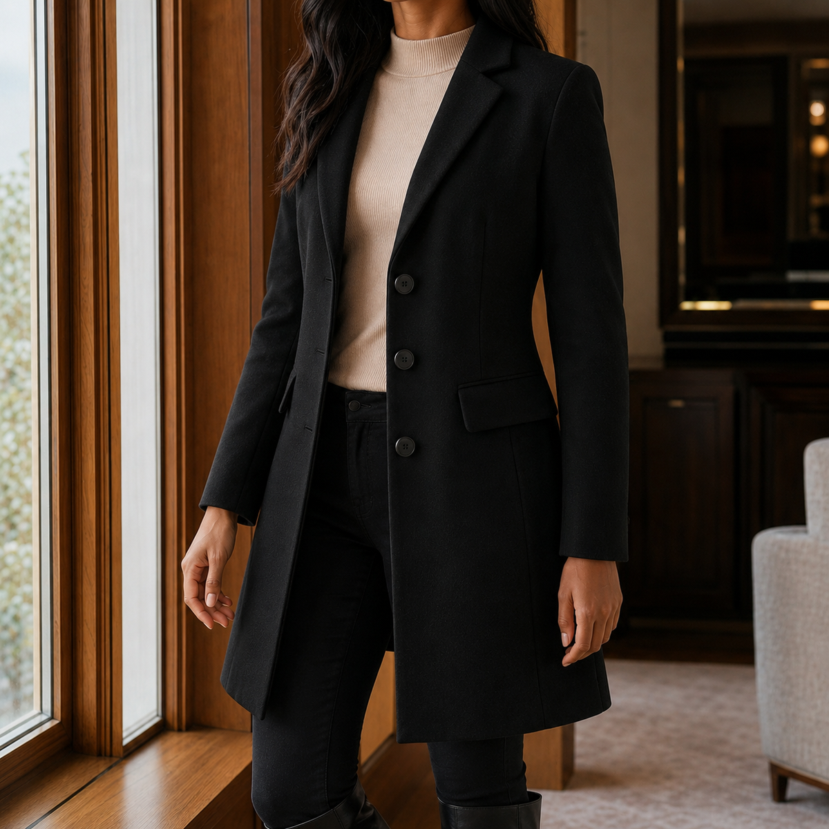 Women’s Wool-Blend Fitted Three-Button Coat in Black