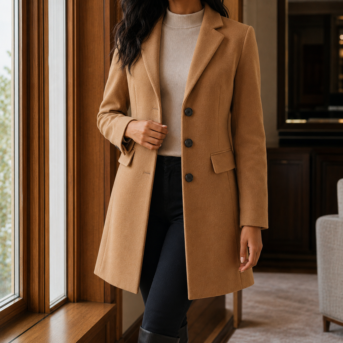 Women’s Wool-Blend Fitted Three-Button Coat in Brown