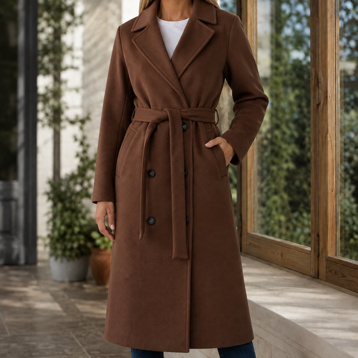 Adele-Grace Belted Women's Overcoat - Brown