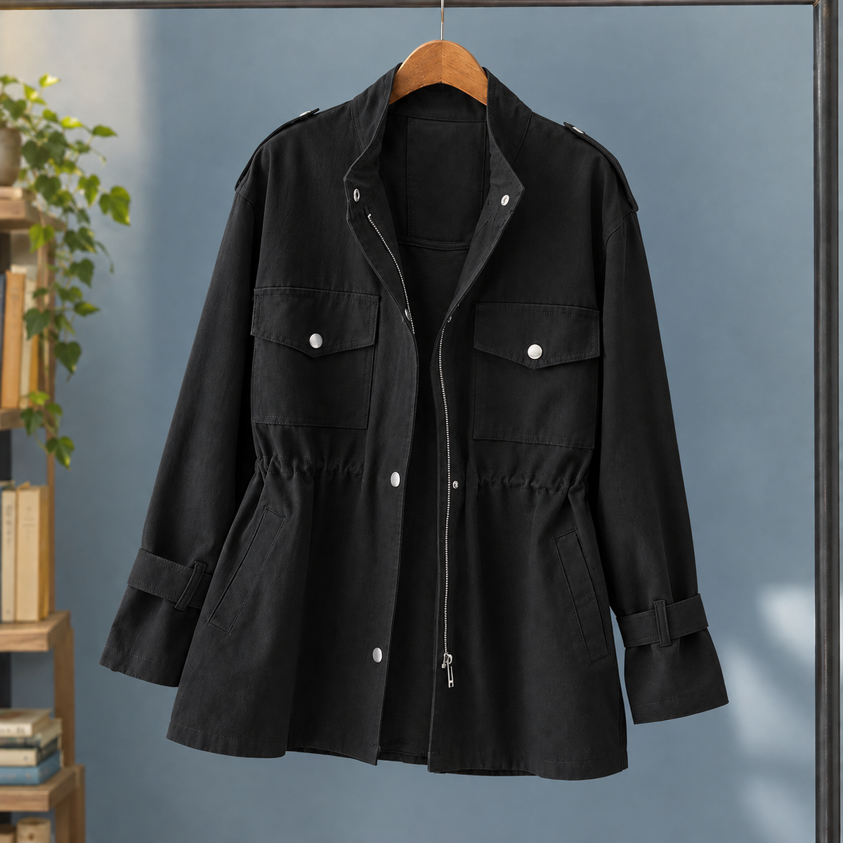 Women’s Drawstring-Waist Four-Pocket Utility Jacket in Black
